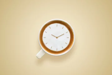 Fotobehang coffee time , watch drawing on latte art coffee cup © duron12345