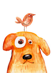 Red dog with bird. Watercolor. Hand drawing - 76569879