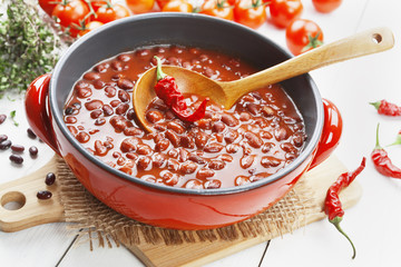 Chili soup with red beans and greens