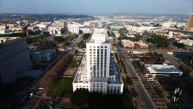 A timelapse view of buildings near city hall in Los Angeles