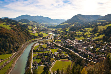 Fototapeta na wymiar view from the castle Hohenwerfen to the Salzachtal in Werfen