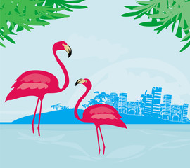 illustration with green palms and pink flamingo