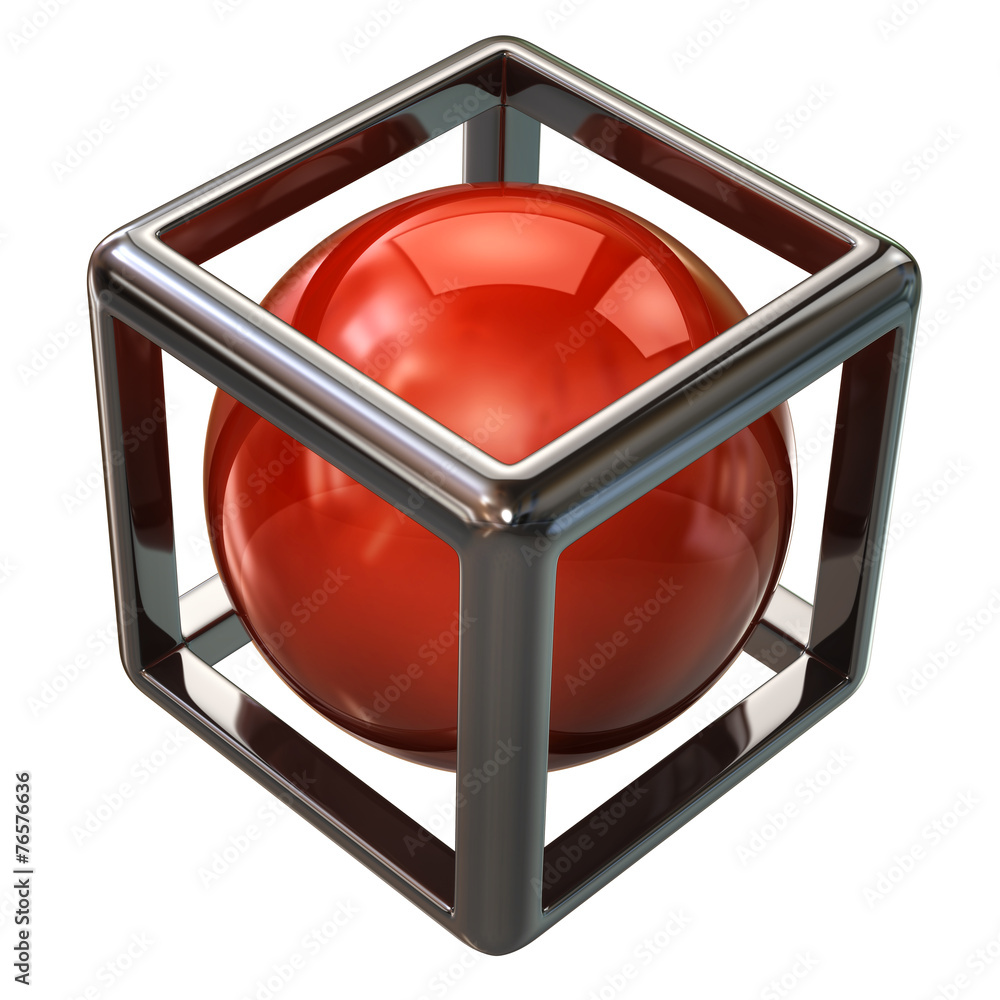 Wall mural red sphere in abstract silver cube