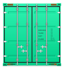 Cargo container vector isolated on white background. Metal box or equipment for storage at dock, port, warehouse. Freight transport by ship, crane, trailer truck for shipping, import export business.