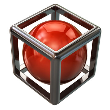 Red sphere in abstract silver cube