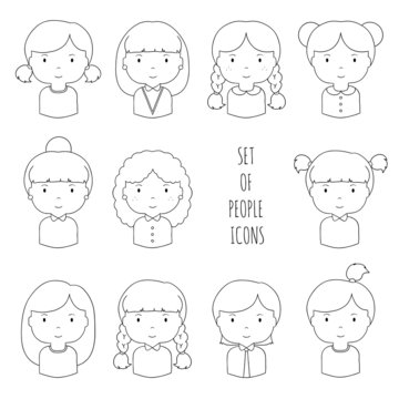 Set of line female faces icons. Funny cartoon hand drawn faces