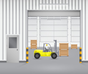 Operator, driver or worker to handling crate box into storage by forklift, equipment for warehousing, logistic, shipping and delivery. Freight transport and distribution industry. Vector illustration.