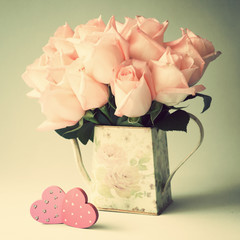 Pink roses, hand-painted wood hearts and coffee cup