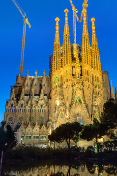 The illuminated Sagrada Familia in Barcelona, Spain