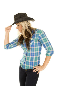 cowgirl blue shirt side touch hat