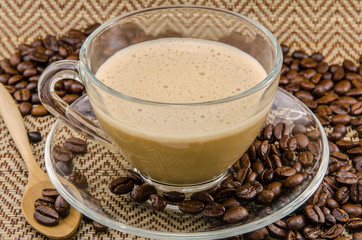 Coffee and beans on table