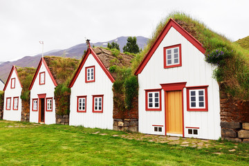 Fototapeta na wymiar Old architecture typical rural turf houses, Iceland, Laufas