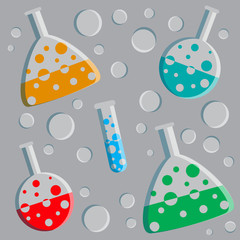 flat laboratory pattern with glass chemical bottles
