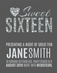 Sweet sixteen glitter party invitation flyer template design