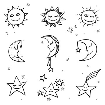 Sun, moon and stars vector icons.