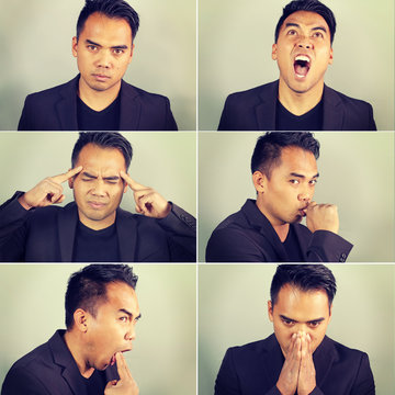 six emotions of an Asian man on a green background