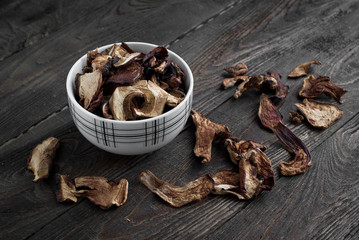 The plate of dried porcini mushrooms