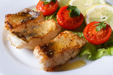 perch fried fillet with vegetables. Horizontal close-up
