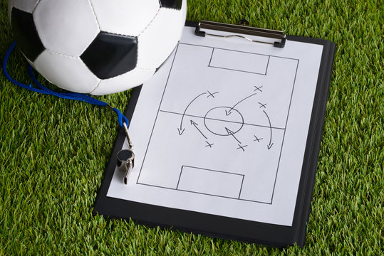 Ball; Whistle And Soccer Tactic Diagram On Pitch