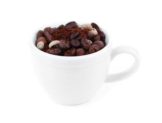 Cup of coffee beans isolated on white