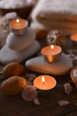 Composition of spa treatment on wooden background