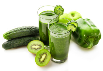 Green fresh healthy juice with fruits and vegetables isolated