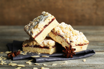 Tasty homemade pie on wooden table