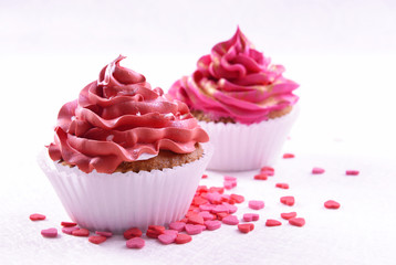 Delicious cupcakes on table close-up