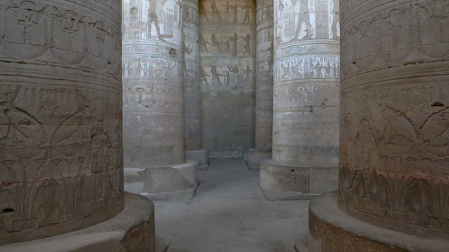 Interior of the painted and carved hypostyle hall at Dendera Tem