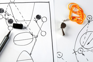 Scheme basketball game on sheet of paper background