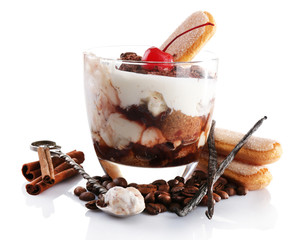 Tasty tiramisu dessert in glass, isolated on white