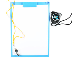 Clipboard with sports equipment isolated on white