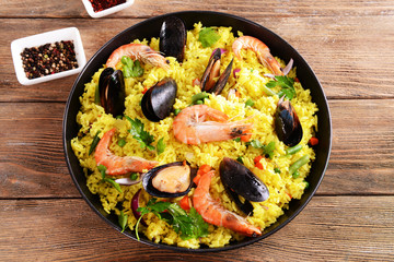 Seafood Paella in pan close-up