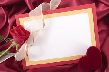 Valentine card with ribbon, rose and gift box