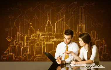 Business couple with buildings and numbers