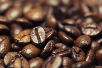 Closeup of coffee beans with focus on one