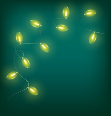 Glowing yellow twisted led Christmas lights garland on cyan back