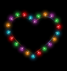 Multicolored glassy lights like heart frame isolated on black ba