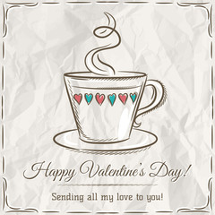 valentine card with cup of hot drink and wishes text,  vector