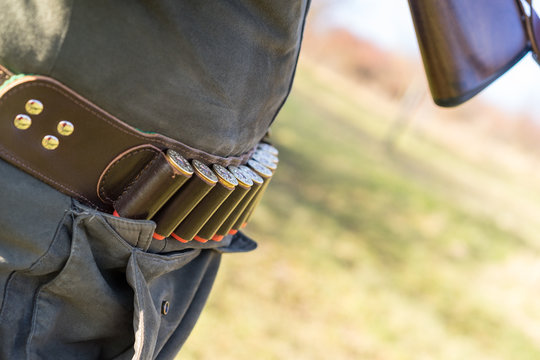 Detail view of hunters belt with shotgun shells.