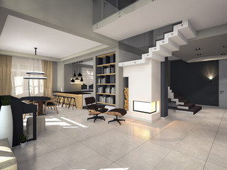 modern interior in soothing tones 3D rendering