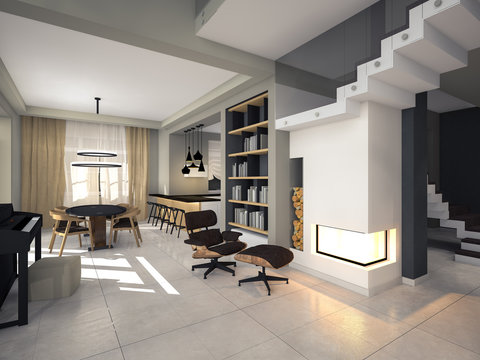 modern interior in soothing tones 3D rendering