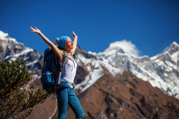 Hiker on the trek in Himalayas, Khumbu valley, Nepal