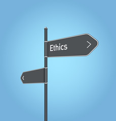 Ethics nearby, dark grey road sign