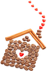 Coffee Beans, Heart, Cinnamon sticks on white background