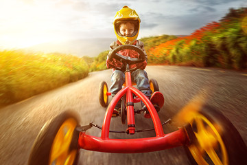 Happy Child on a Go-Kart - obrazy, fototapety, plakaty