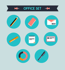 Set de iconos de oficina con boli, lapicero, goma, sobre y carta