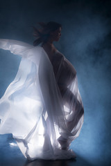 Babybauch silhouette mit fliegenden Tücher im Nebel und Gegenlicht Porträt