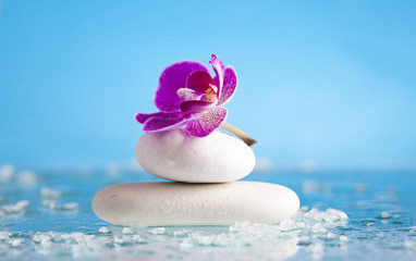 Spa still life with pink orchid and white zen stone