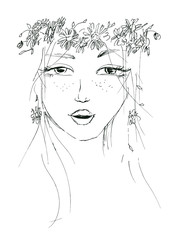 sketch of a woman with flowers in her hair